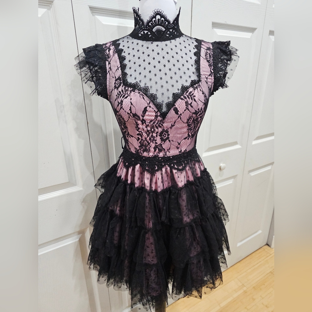 Dolls Kill Unholy Goth Rehearsal Party Pink Black Tiered Lace Mini Dress XS - Picture 1 of 9